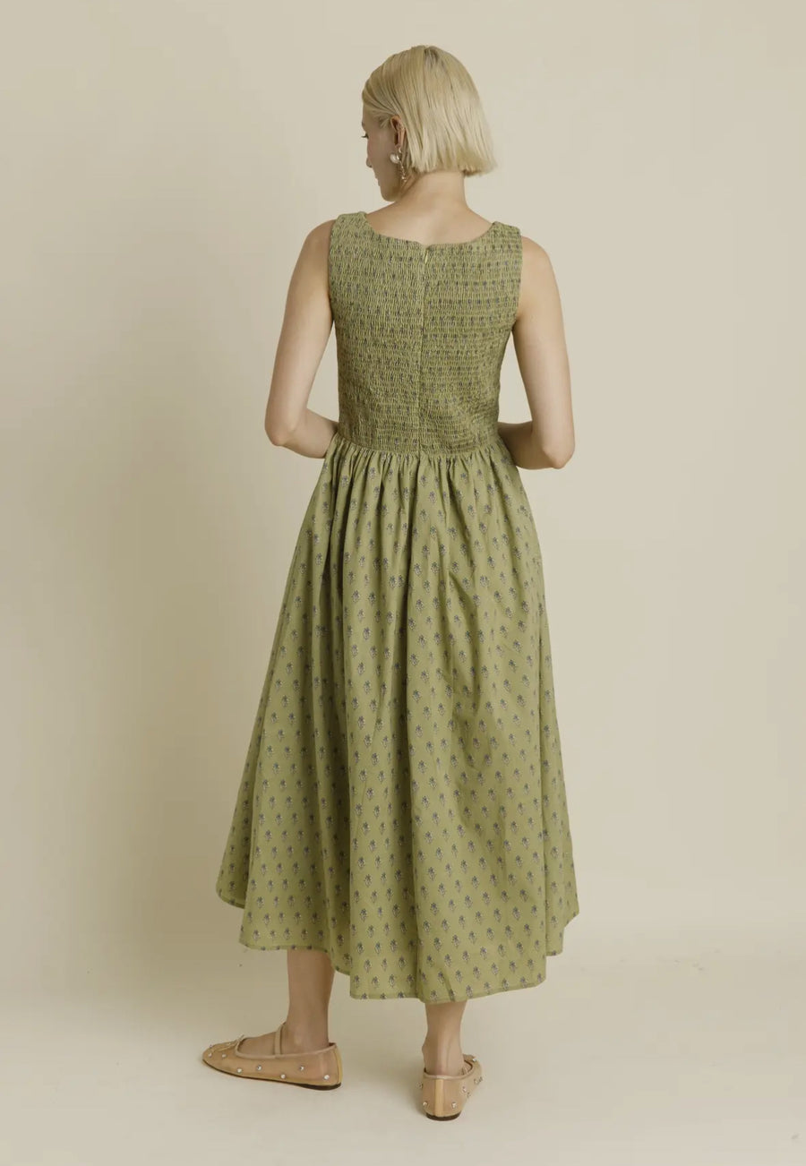 Floral Smocked Bodice Dress- Light Green