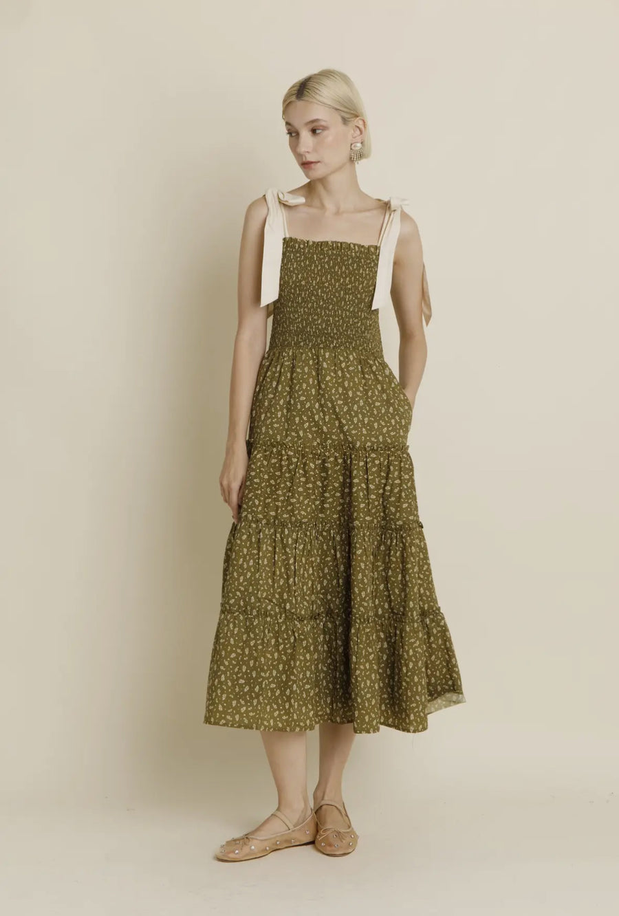 Floral Tiered Tie Shoulder Dress- Olive