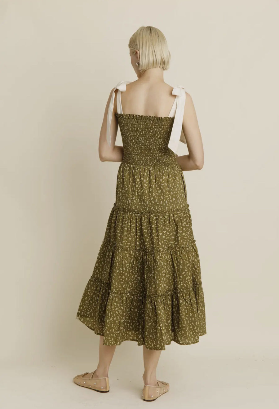 Floral Tiered Tie Shoulder Dress- Olive