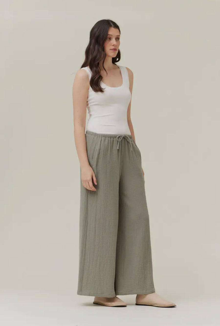 Drawstring Gauze Pants- Sage