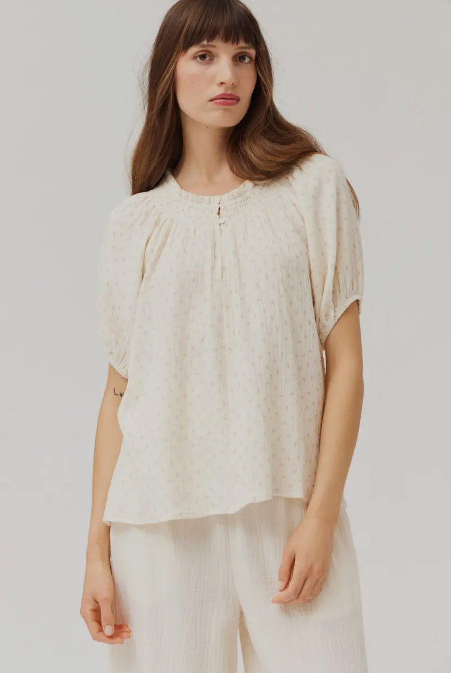 Ditsy Print Gauze Top- Natural