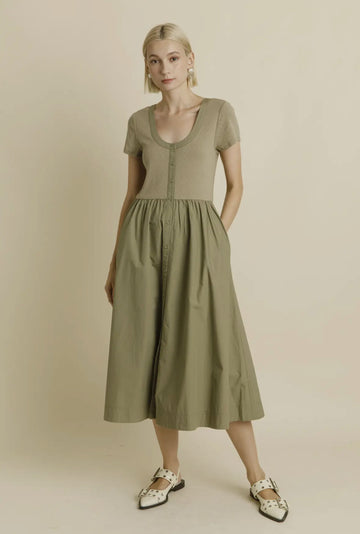 Pointelle Mix Dress- Olive