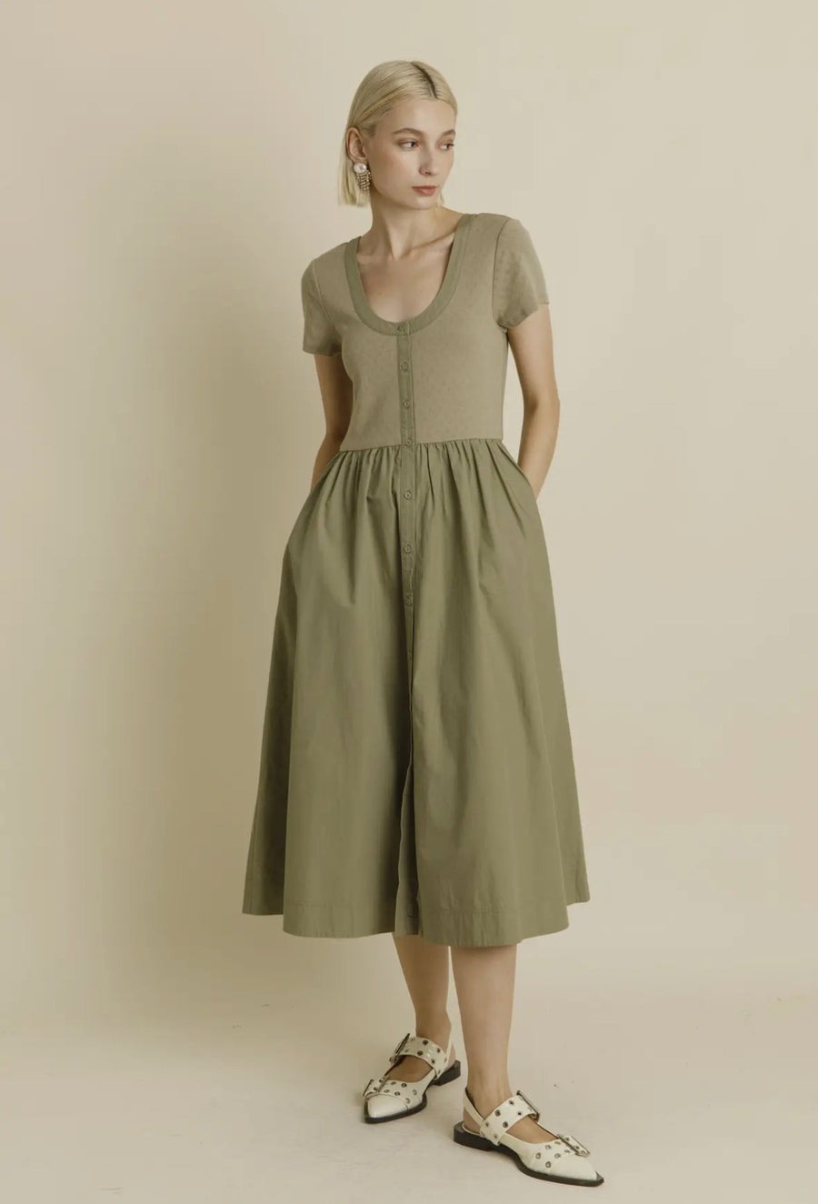 Pointelle Mix Dress- Olive