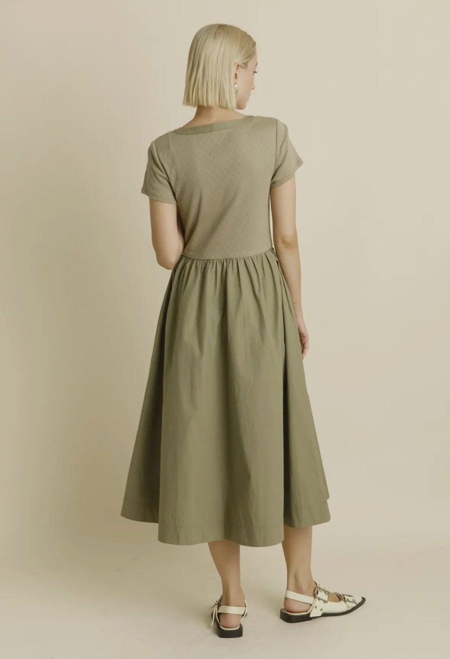 Pointelle Mix Dress- Olive