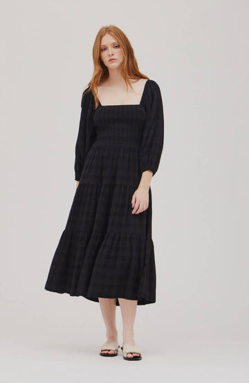 Plaid Smocked Dress- Black