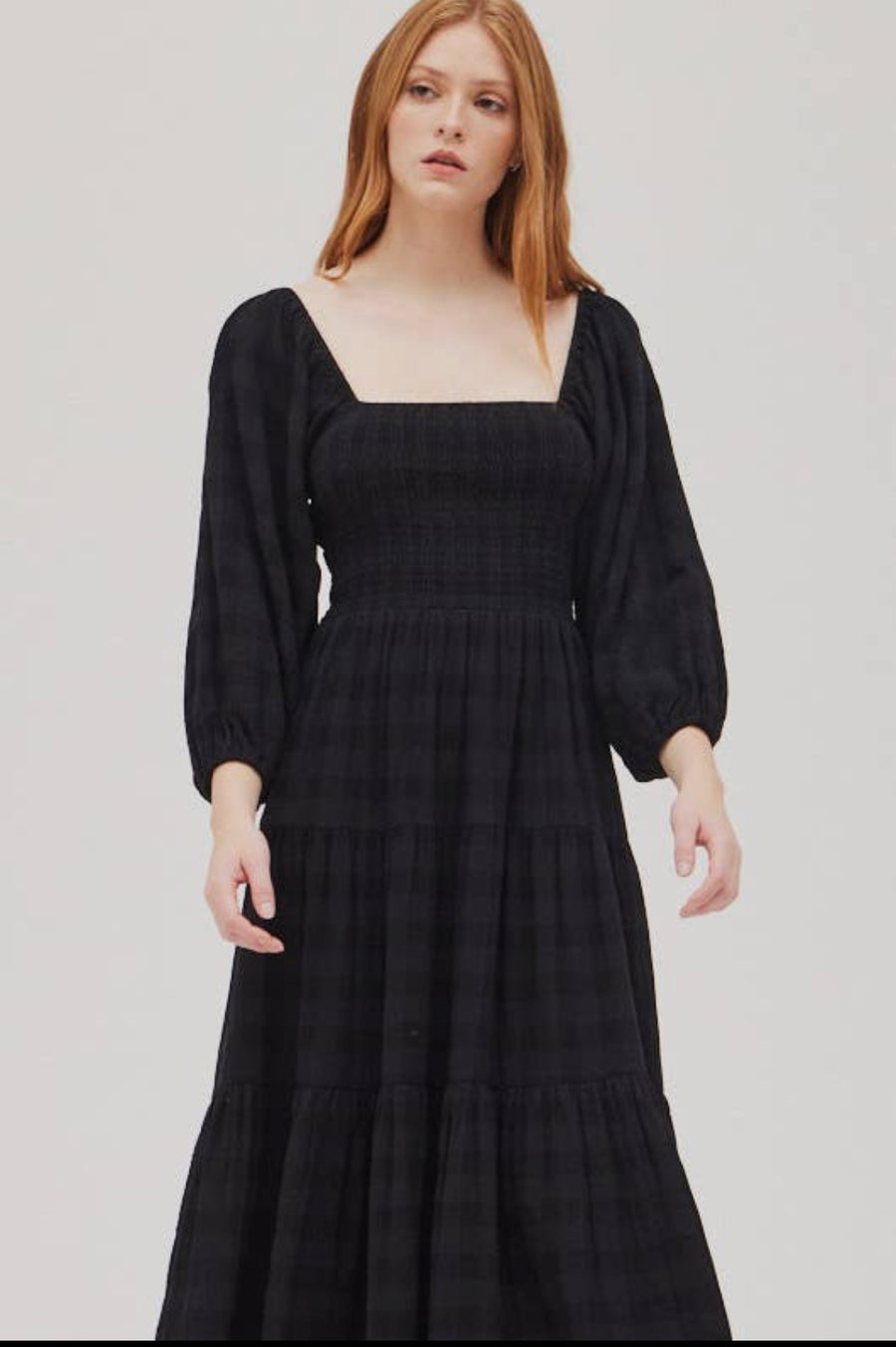 Plaid Smocked Dress- Black