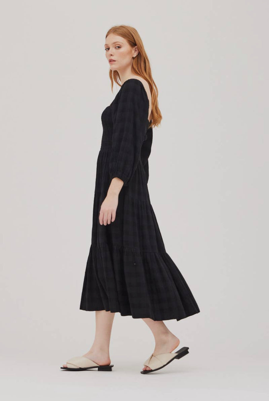 Plaid Smocked Dress- Black